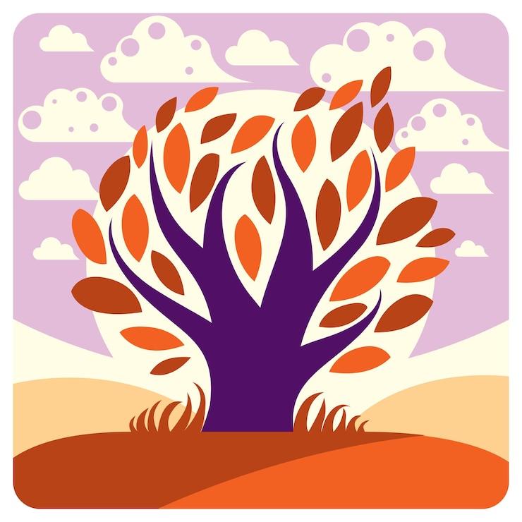 Vettore illustrazione grafica vettoriale di arte dell'albero creativo che cresce su un prato meraviglioso, paesaggio idilliaco con nuvole e sole al tramonto. immagine ecologica simbolica, vista sulla campagna.