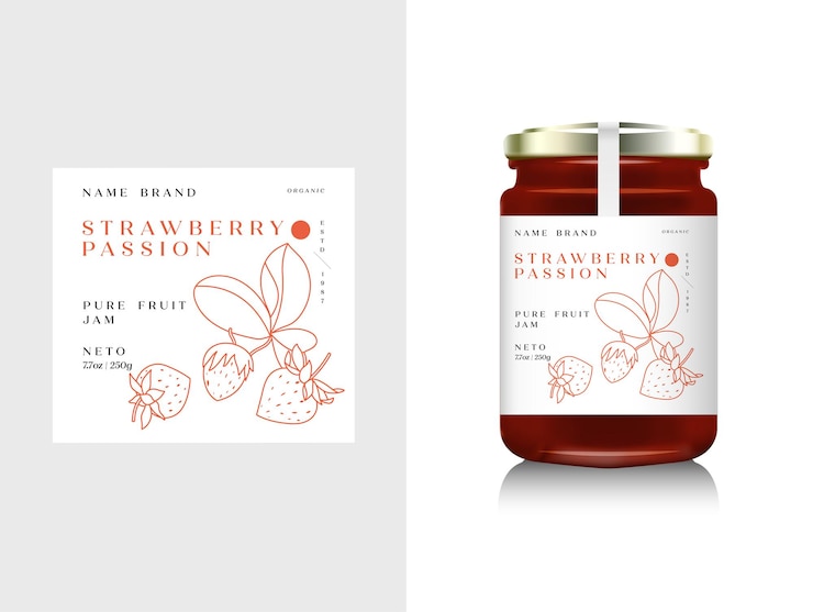 Vettore illustrazione imballaggio realistico della bottiglia di vetro per marmellata di frutta. marmellata di fragole con etichetta di design, tipografia, icona linea fragola