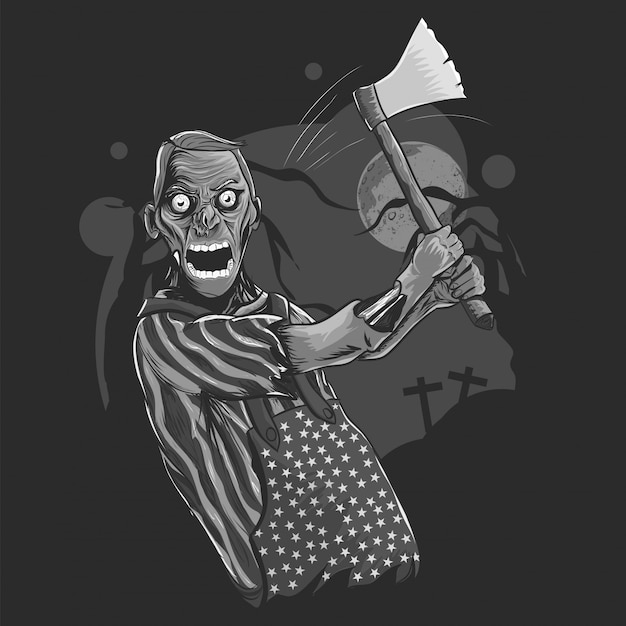 illustrazione in bianco e nero dell'ascia della holding dello zombie di Halloween