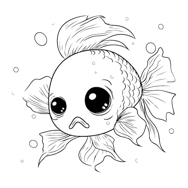 Illustrazione in bianco e nero di un carino pesce rosso in stile cartone animato