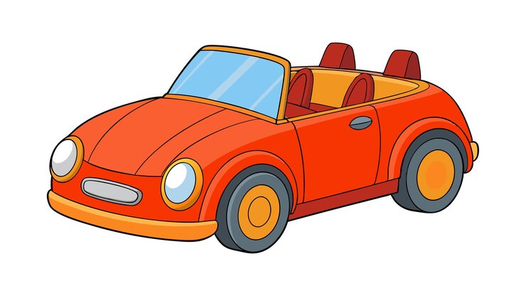 Illustrazione in stile cartone animato di un'auto cabriolet rossa con tetto aperto e interno marrone