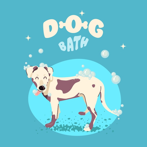 Illustrazione in stile cartone animato vettoriale di un simpatico cane pulito Concetto di toelettatura Sfondo blu