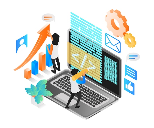 Illustrazione in stile isometrico di un programmatore che lavora con computer e analisi seo