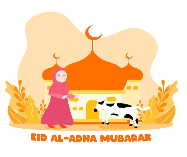 Illustrazione in stile piatto della ragazza musulmana con sacrificio animale mucca per eid al adha saluto concetto vacanza islamica