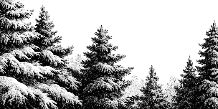 Vettore illustrazione incisa di pini innevati in una scena della foresta invernale
