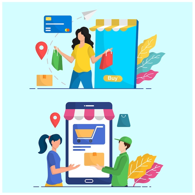 Illustrazione infografica Persone Attività acquirente e ordine di consegna corriere transazione negozio online