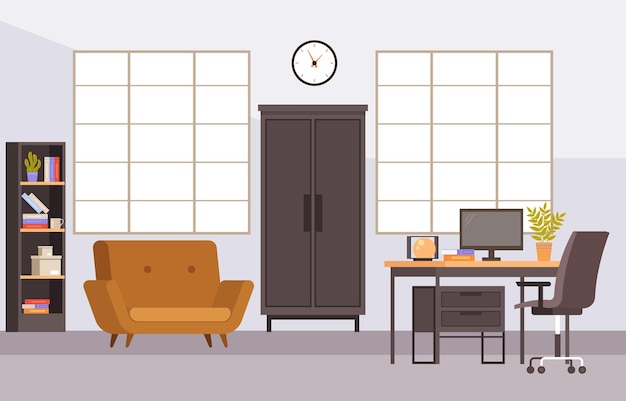 Illustrazione interna di progettazione grafica di concetto della mobilia della stanza del posto di lavoro dell'ufficio