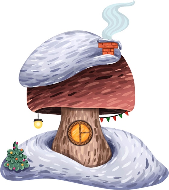 Illustrazione invernale casa dei funghi con lanterna finestra e neve