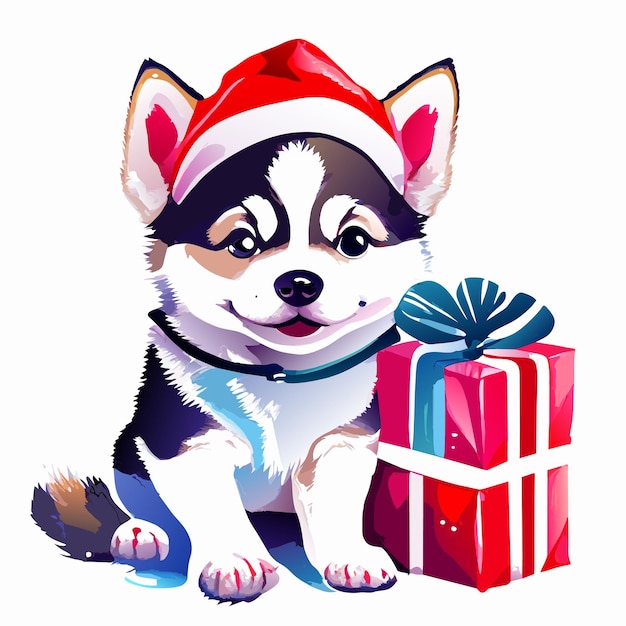 Illustrazione isolata concetto dell'icona dell'autoadesivo del fumetto disegnato a mano del cucciolo del husky di Natale