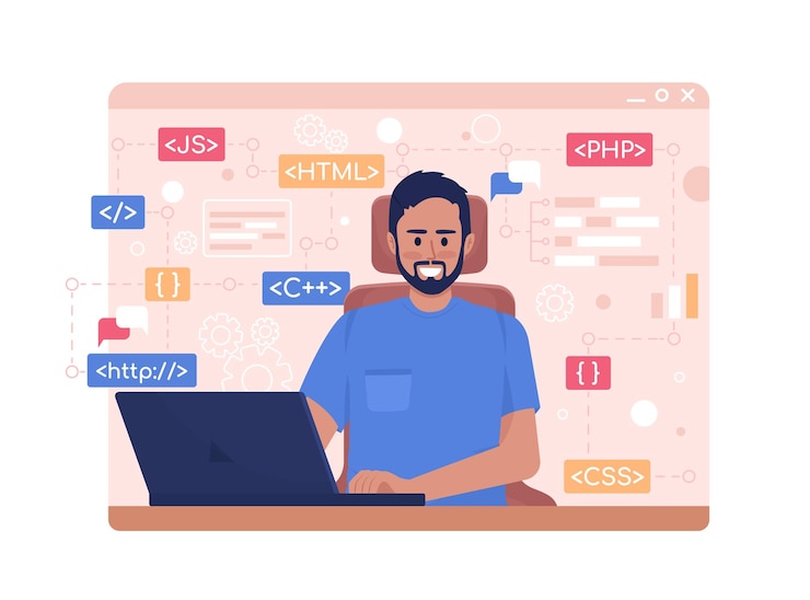 Vettore illustrazione isolata del vettore 2d dello sviluppatore di software