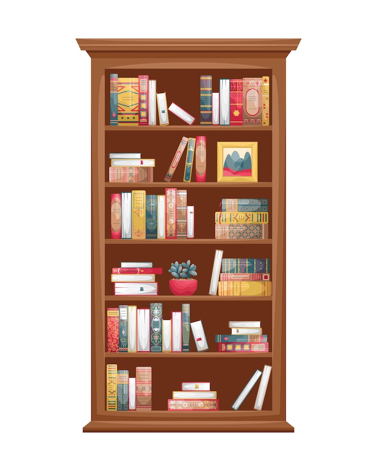 Vettore illustrazione isolata di una libreria in legno con libri. dorsi del libro in stile retrò.
