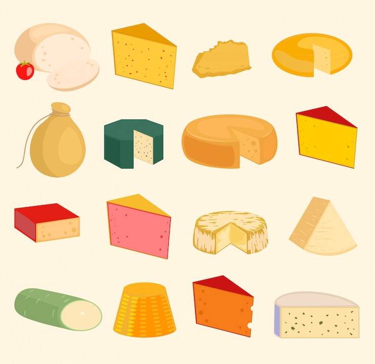 Vettore illustrazione isolata insieme del fumetto delle icone di varietà di pace delle fette del formaggio. varietà di formaggi caseari cibo e latte camembert. diversa mozzarella di formaggio gouda salumeria, tofu. parmigiano