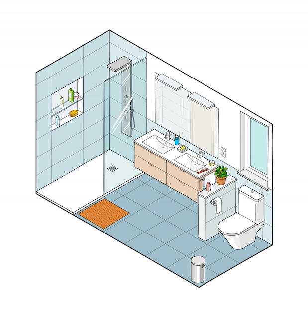 Illustrazione isometrica del bagno. Vista interna disegnata a mano.