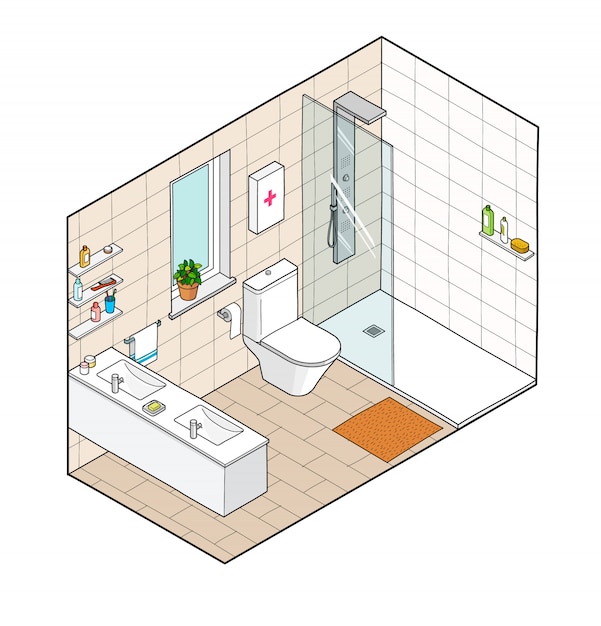 Illustrazione isometrica del bagno. Vista interna disegnata a mano.