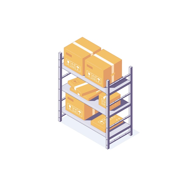 Illustrazione isometrica del pallet e dello scaffale dello scaffale dell'attrezzatura della scatola del magazzino