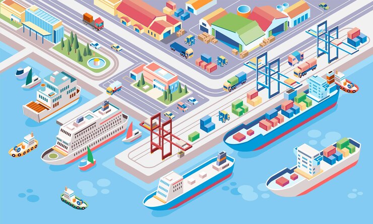 Vettore illustrazione isometrica del porto centrale per navi da carico e navi da crociera con più navi all'ancora e container pronti per essere trasportati