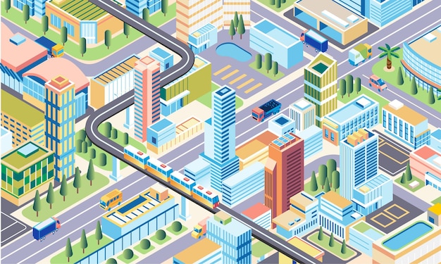 illustrazione isometrica della città 3d città metropolitana con strade e trasporti moderni