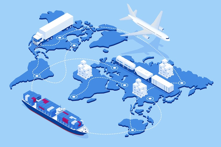 Vettore illustrazione isometrica della rete logistica globale set di icone di trasporto aereo di merci trasporto ferroviario trasporto marittimo consegna puntuale veicoli progettati per trasportare un gran numero di merci