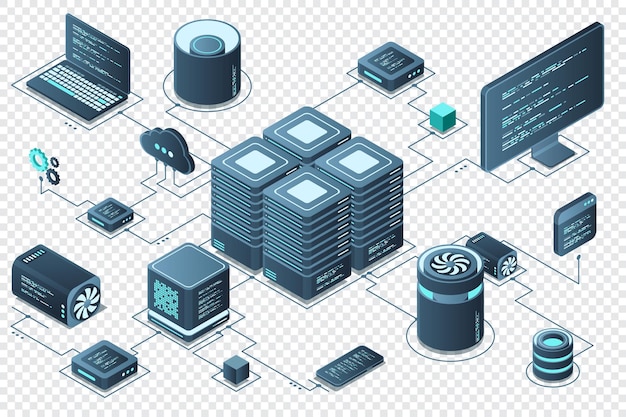 Illustrazione isometrica della tecnologia informatica Calcolo di un grande data center Cloud computing I dispositivi online caricano e scaricano informazioni Illustrazione vettoriale isometrica 3d moderna