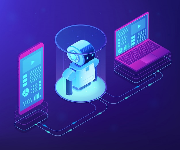 Illustrazione isometrica di concetto di robotica controllata WiFi.