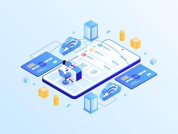 Illustrazione isometrica di gradiente di luce di trasferimento mobile. Adatto per app mobili, siti Web, banner, diagrammi, infografiche e altre risorse grafiche.