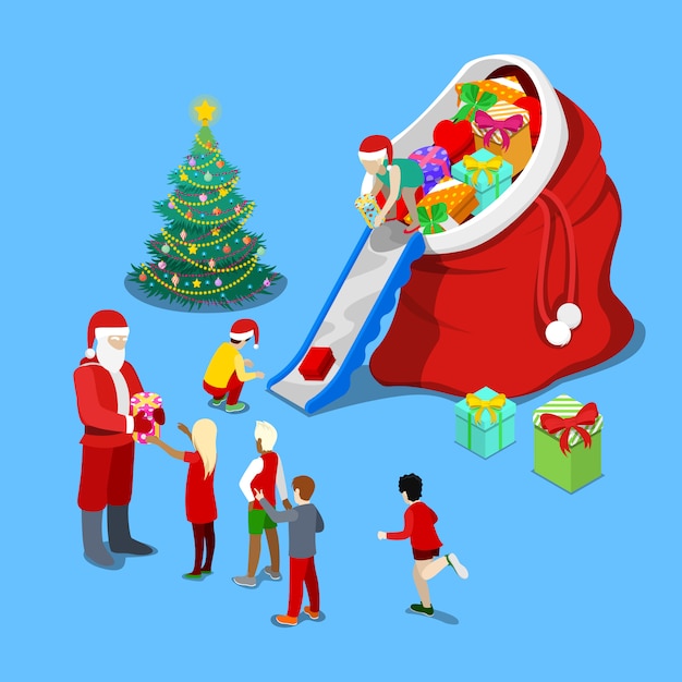 Illustrazione isometrica di Natale Babbo Natale che fa regali ai bambini. Illustrazione piatta 3D