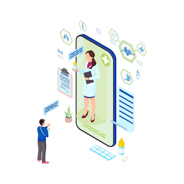 Illustrazione isometrica di prescrizione di medicina online. Farmaco di prescrizione del lavoratore medico di sanità elettronica per il paziente. Traumatologo remoto che consulta il personaggio dei cartoni animati online ferito dell'uomo