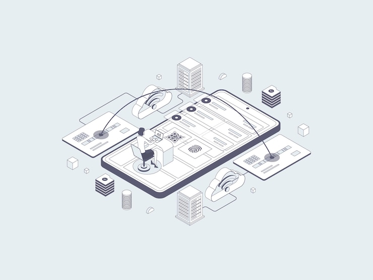 Vettore illustrazione isometrica di trasferimento mobile grigio lineare. adatto per app mobili, siti web, banner, diagrammi, infografiche e altre risorse grafiche.