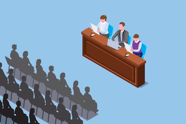 Illustrazione isometrica di una conferenza con oratori e pubblico