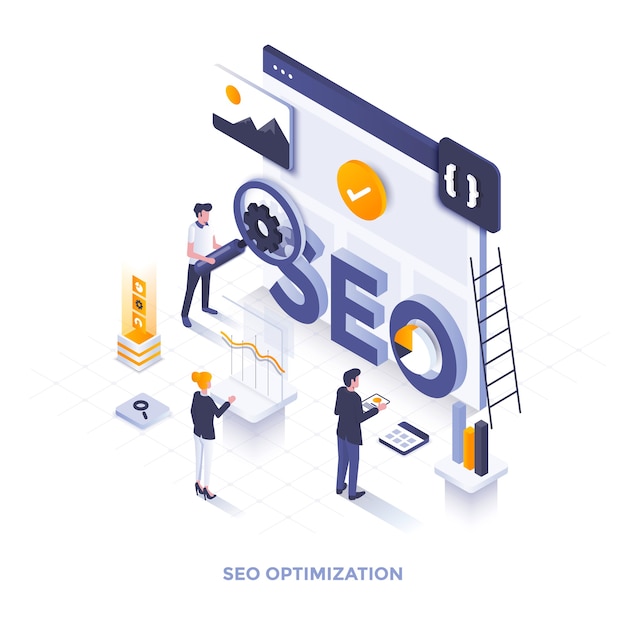 Illustrazione isometrica moderna design piatto di ottimizzazione Seo