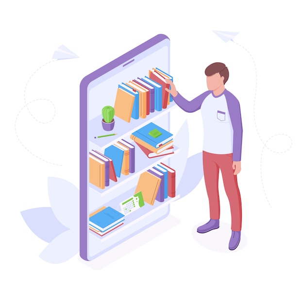 Illustrazione isometrica online di lettura o educazione.