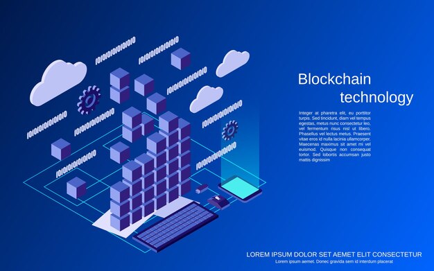 Illustrazione isometrica piana di concetto di vettore di tecnologia Blockchain 3d