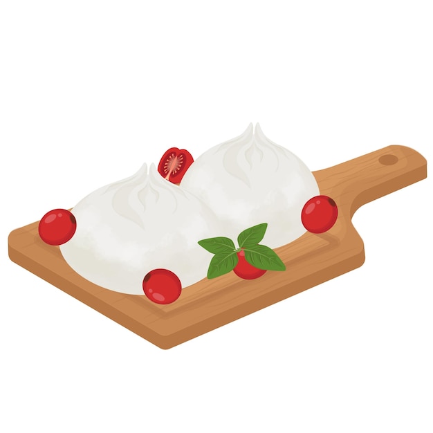 Illustrazione Logo Clipart Formaggio Burrata italiano con pomodori e basilico su una tavola di legno