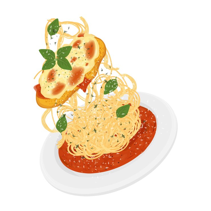 Vettore illustrazione logo clipart levitazione pollo parmigiana o pollo con spaghetti