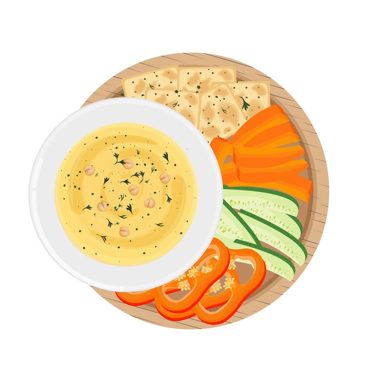 Vettore illustrazione logo clipart top view cibo sano hummus vegano con pane pita