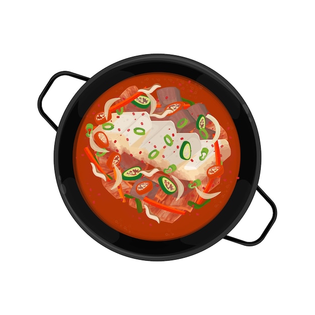 Illustrazione Logo Clipart Top View Stufato di Kimchi o Kimchi jjigae Sundubu Jjigae