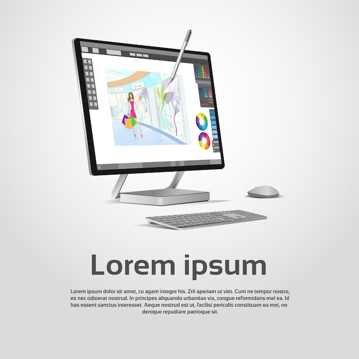 Vettore illustrazione moderna da tavolino di vettore del posto di lavoro del grafico del computer
