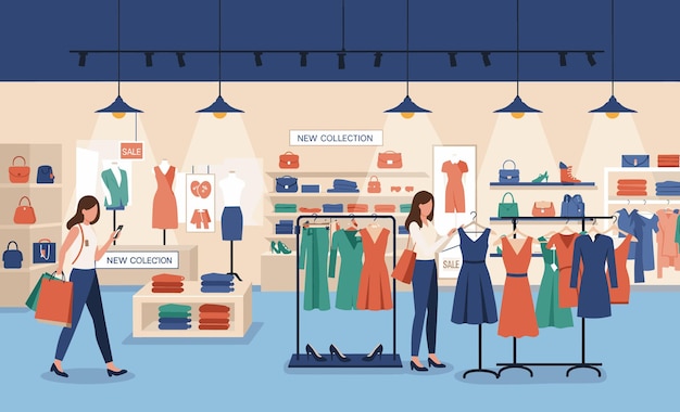 Illustrazione moderna in stile piatto di un negozio di abbigliamento alla moda con clienti femminili alla moda