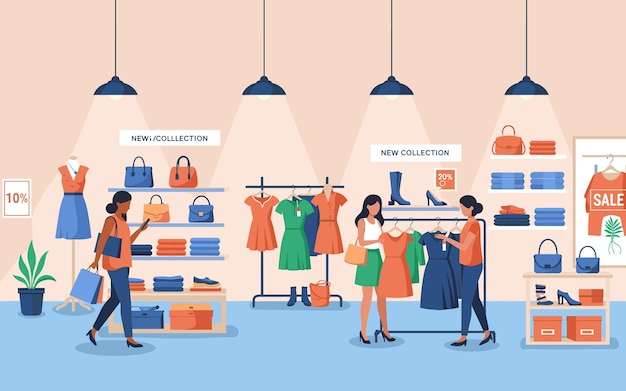 Illustrazione moderna in stile piatto di un negozio di abbigliamento alla moda con clienti femminili alla moda