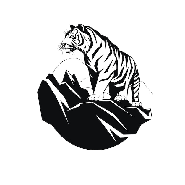 Illustrazione monocromatica sorprendente con una maestosa tigre in cima a una vetta di montagna Ideale per modelli di emblema o logo