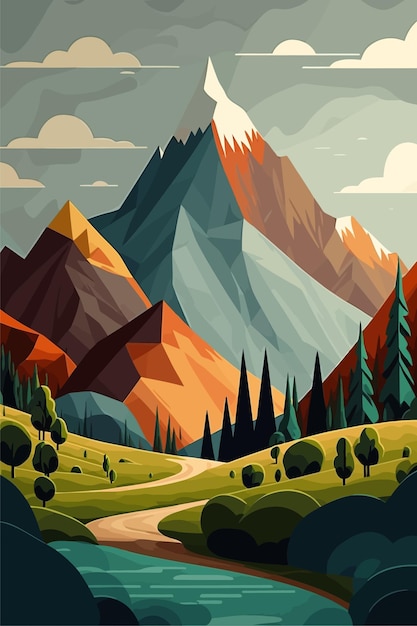 Illustrazione montagne rocciose sulle montagne del fiume sopra la natura del lago