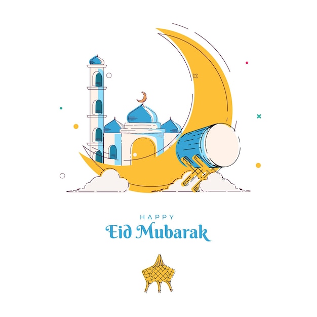 Illustrazione moschea eid mubarak linea arte modello biglietto di auguri e sfondo ramadan kareem
