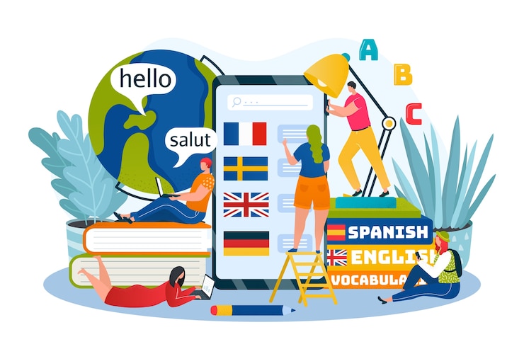 Vettore illustrazione online di corsi di apprendimento, istruzione e formazione delle lingue. lingue straniere via internet, app per telefono, icone per inglese, tedesco, francese. corso universitario e scolastico, dizionario.