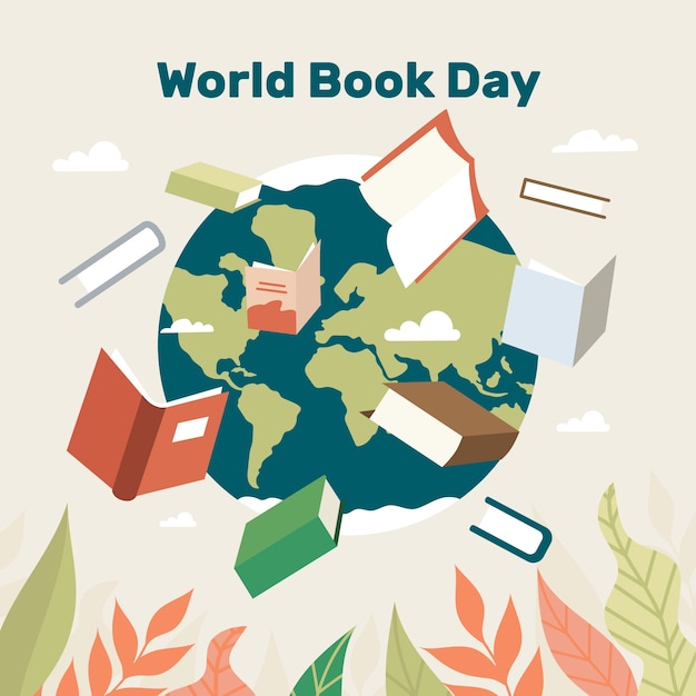 Illustrazione orizzontale disegnata a mano della giornata mondiale del libro piatta