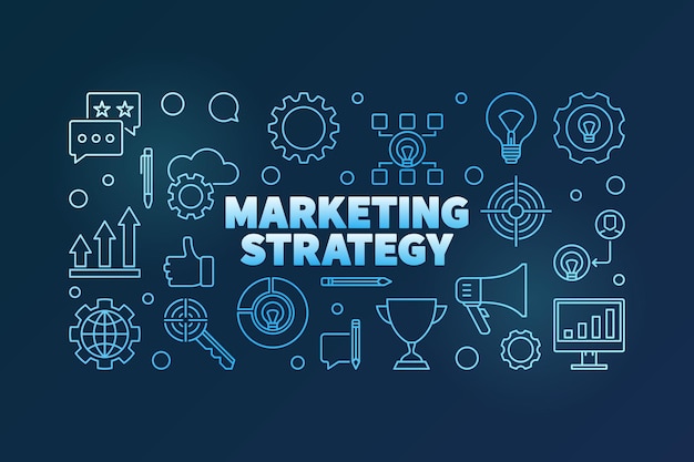 Illustrazione orizzontale lineare blu di vettore di strategia di marketing