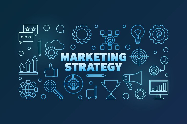 Vettore illustrazione orizzontale lineare blu di vettore di strategia di marketing