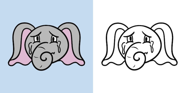 Vettore illustrazione orizzontale per libro da colorare piccolo elefante triste che piange vettore di emozioni di elefante
