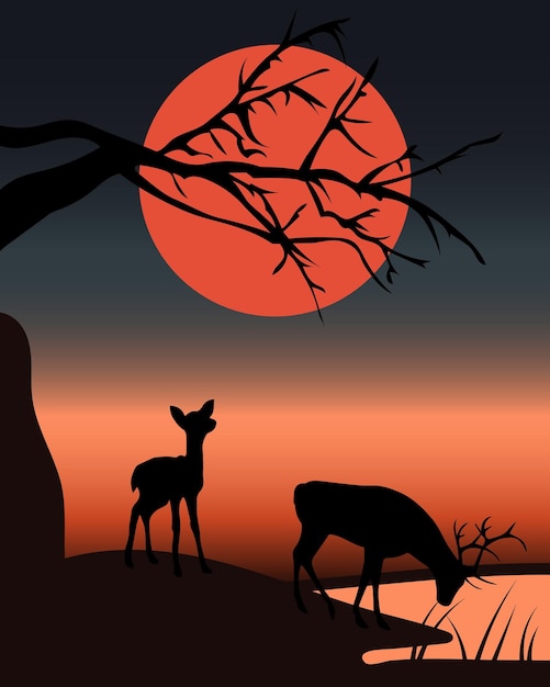 Illustrazione paesaggio notturno sagome di un cervo e un albero di cervo e tramonto