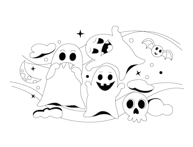 Illustrazione per bambini disegnata a mano per la pagina da colorare di Halloween