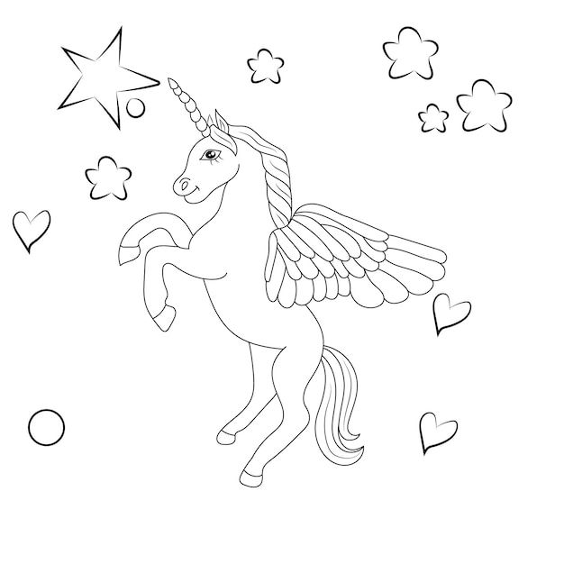 Illustrazione per bambini unicorno line art per libro da colorare per bambini